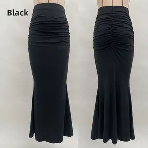 Detail of high waist ruched fishtail skirt in black stretch fabric front and back views
