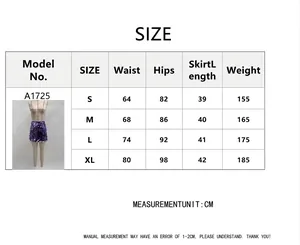 Size chart for purple sequin mini skirt with measurements for waist, hip and length