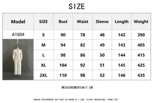 Size chart table for deep V-neck long sleeve jumpsuit with measurements from S to 2XL
