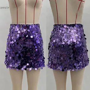 Detailed front and back views of a purple sequin mini skirt for party wear