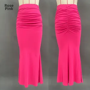 Detail of rose pink high waisted pleated fishtail skirt with ruching textures