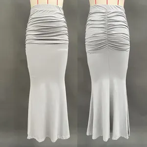 Detailed front and back view of grey high waist mermaid skirt with elastic pleats