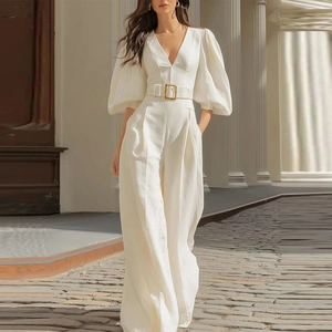 Elegant off-white deep V-neck jumpsuit with puff sleeves and wide-leg trousers for women