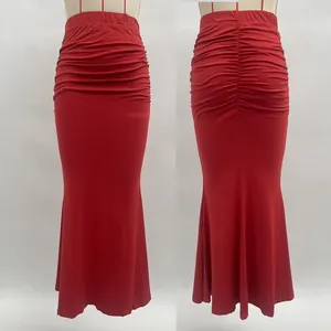 Detail view of red high waist mermaid skirt with elastic pleats and ruffled fishtail hem