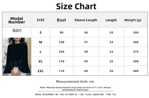 Guide des tailles montrant le buste et la longueur pour le sweat en velours à volants
