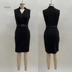 Front and back view of black sleeveless V-neck sheath dress with a metal buckle waist belt