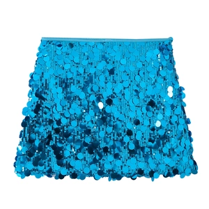 Detail of blue sequin mini skirt showing shimmering circular scales and A-line waist