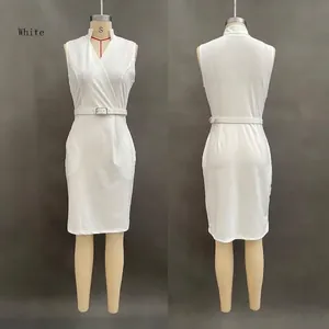 Front and back detail of elegant white sleeveless dress with V-neck and slim waist belt