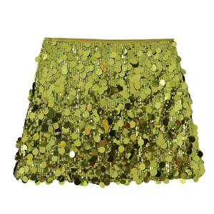 Macro detail of lime green sequin mini skirt showing reflective metallic texture and A-line cut