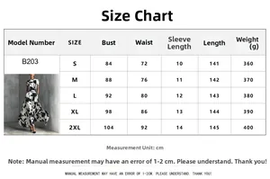 Tableau des tailles détaillé pour robe longue géométrique femme, mesures de S à 2XL