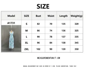 Size chart for V-neck blue tulip floral dress with measurements for S to 2XL