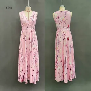 Detailed view of pink floral chiffon maxi dress with sleeveless V-neck and tulip prints