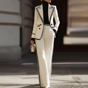 Tenue Élégante Femme Business Blazer Et Pantalon Liseré Contrasté Veste Double Boutonnage Pantalon Large Costume De Bureau