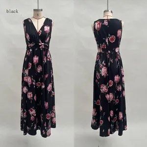 Front and back detail of V-neck sleeveless black floral maxi dress with rose print