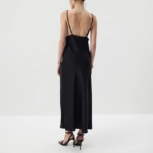 Back view of a sleek black satin long slip dress with thin straps and an open back