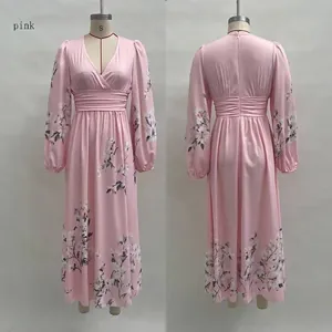 Detailed front and back view of a pink floral V-neck long-sleeve maxi dress with pleats