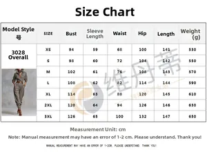 Size chart for long sleeve shirt collar jumpsuit showing measurements from XS to 3XL