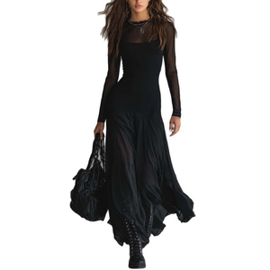 Elegant black gothic long dress with sheer mesh sleeves and flowy long skirt for women
