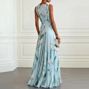 Detailed back view of sleeveless pleated long dress with blue tulip print and concealed zipper