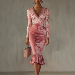 Détail du corsage à fleurs et de la jupe sirène en velours rose avec décolleté en V perlé
