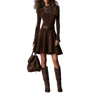 Elegant dark brown long sleeve bodycon dress with belt and suede texture for women
