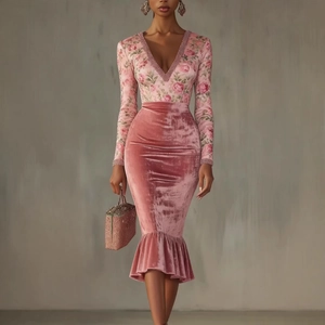 Détail de robe midi en velours rose avec corsage imprimé rose et décolleté perlé