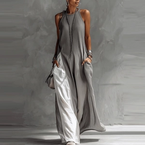 Women Sleeveless Color Block Halter Maxi Dress Loose Fit Off Shoulder Summer Casual Long Dress With Pockets