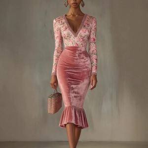 Robe Midi en Velours Patchwork de Style Chinois pour Femmes Élégante Imprimé Floral Rose Col en V Perlé Manches Longues Moulante Ourlet Queue de Poisson
