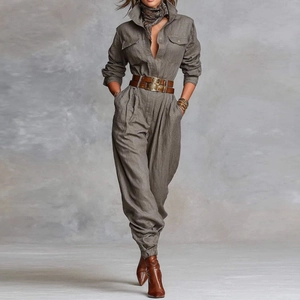 Women Casual Utility Long Sleeve Jumpsuit With Belt Retro Workwear Pocket Solid Color High Waist Long Cargo Pants Romper
