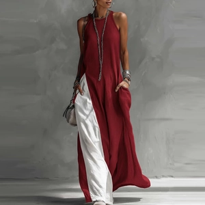 Detail of burgundy and white color-block maxi dress with convenient side pockets