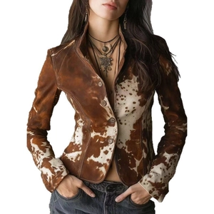 Women's vintage cow print blazer with single-breasted buttons and slim fit tailoring