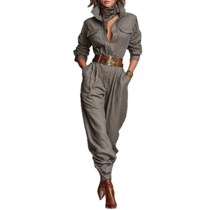 Women's long sleeve utility jumpsuit with shirt collar and waist belt in dark grey