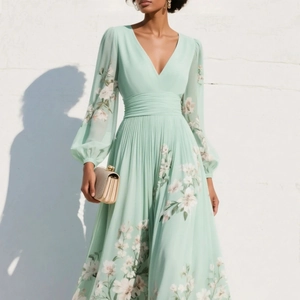 Detail of V-neck floral long sleeve dress with pleated waist and elegant mint green pattern