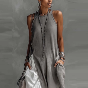 Detail of grey sleeveless maxi dress with white contrast hem and side pockets