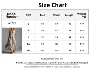 Detailed size chart for solid color V-neck casual maxi dress with pocket specifications