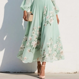 Detail of mint green floral pleated maxi dress with elegant long lantern sleeves