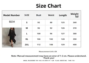 Größentabelle mit Maßen in cm für das asymmetrische schwarze Kleid mit Volants