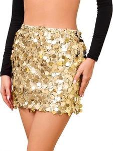 Detailed view of large gold sequins on a high-waisted mini skirt for party wear