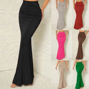 Women's High Waist Ruched Mermaid Maxi Skirt Solid Color Bodycon Fish Tail Long Skirt Slim Fit Autumn Winter Streetwear