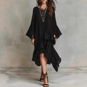 Damen Boho Plissee Maxi Kleid Elegant Asymmetrischer Stufen Saum Laternenärmel Rundhals Locker Lässig Langes Kleid