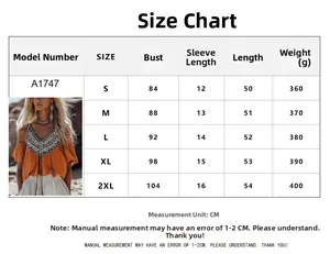 Detailed size chart for bohemian printed tank top with bust and length measurements