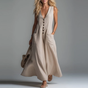 Women Casual Sleeveless Deep V Neck Wide Leg Jumpsuit With Buttons Pockets Loose Solid Color Cotton Linen Feel Jumpsuit