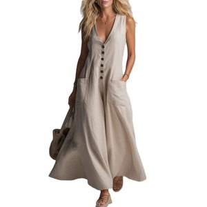 Deep V-neck sleeveless oatmeal linen jumpsuit with button front and large patch pockets