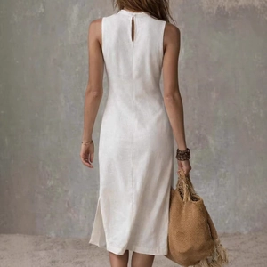 Elegant white sleeveless cotton linen midi dress with side slit and back neck button detail