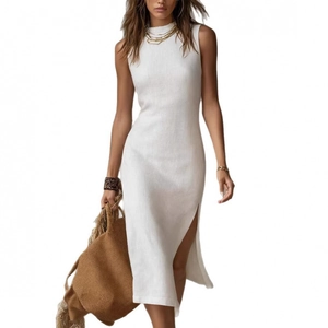 Sleeveless white knit maxi dress with side slit and elegant slim fit for women