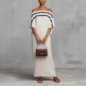 Women Casual Off-The-Shoulder Striped Maxi Dress Loose Vacation Straight Breathable Fabric Summer Beach Resort Wear Gown