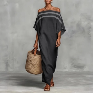Deep grey off-shoulder maxi dress with horizontal stripes and loose fit vacation style