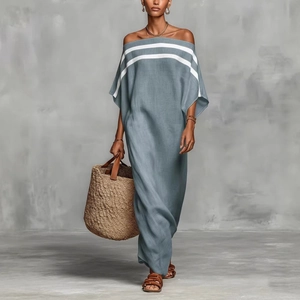 Elegant off-the-shoulder loose maxi dress in gray blue with white stripes for summer vacations