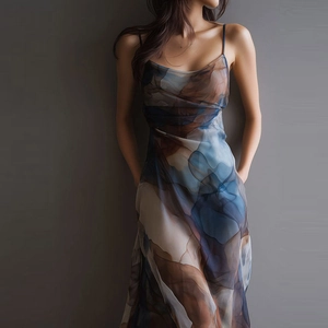 Detail of thin adjustable straps and marble print silk texture on mesh slip dress