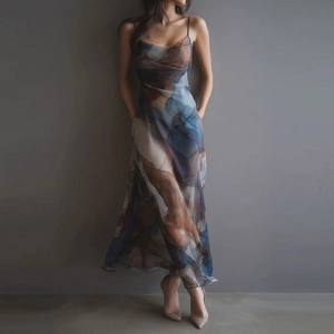 Elegant mesh bodycon maxi dress with abstract marble print and thin shoulder straps